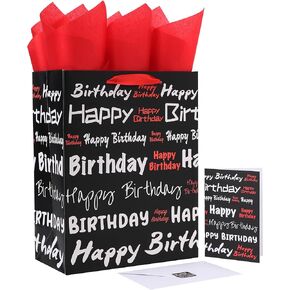 13" Large Black Gift Bags Set with Greeting Card and Tissue Papers (White & Red Happy Birthday) for Men's or Women's, Boys, Girls or Kids Party, Baby