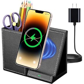 Wireless Charger with Desk Organizer, Fast Charging Station for iPhone 15 14 13 12 11 Pro Max/Samsung Galaxy S23/S22/S21/S20/Z Flip/Fold 5, Desk Phone Charger Stand Office Desktop Organizer Leather