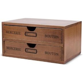 Flexzion Wooden Desktop Office Supplies Organizer with 2 Storage Drawers Set, 2-Tier Wood Tabletop Cabinet, Countertop Desk Accessories Box, for Home Workspace Counter Vanity Decor Art Craft Tool Mail