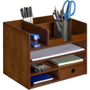 Navaris Bamboo Desk Organizer - Wood Desktop Storage Drawers and Compartments for Organizing Stationery, Documents, Files, Office Accessories