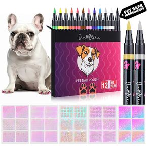 Jim&Gloria Dog Nail Polish Pens Quick Dry, Pet Safe Girl Dog Accessories, Dark or Light Nails, No Odor, Puppy Grooming Kit Supplies Birthday Gift, 12 Colors with GOLD SILVER Paint Pen with Stencils