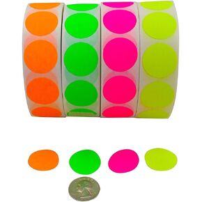 Color Coding Labels Super Bright Fluorescent Neon Yellow, Green, Orange and Pink Round Circle Dots for Organizing Inventory 1 Inch 2,000 Total Adhesive Stickers (500 of Each Color)