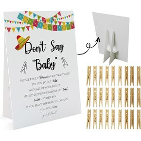 Fiesta Don't Say Baby Game （1 Sign And 50 Mini Natural Clothespins） Don't Say Baby Baby Shower Game, Baby Shower Decorations, Baby Shower Games Gender Neutral, Mexican Baby Shower (DS20)