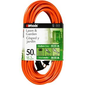 Woods 0723 16/2 SJTW General Purpose Extension Cord; Medium Duty; Ideal for Landscaping and Powering Appliances; Water Resistant Flexible Vinyl Jacket; Durable Molded Plug; 50 Foot; Orange