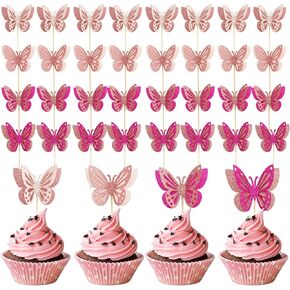 32 Pcs Butterfly Cupcake Toppers, 3D Glitter Double Layer Cake Butterfly Decorations for Butterfly Theme Party Decoration, Cocktail Decorations, Baby Birthday Party, Wedding Anniversary Party Supplies