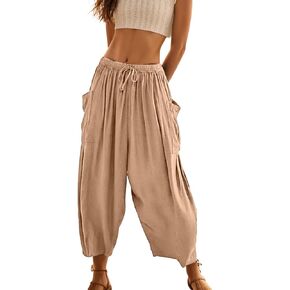Women's Flowy Linen Pants Free Casual People Wide Leg with Drawstring Pockets Summer Trousers 2024 Hippie Pants