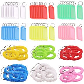 Swpeet 78Pcs 6 Colors Duarble Plastic Key Tags with Flap Label and Spiral Stretchy Wristband Keychain Bracelet Assortment Kit, Split Ring Colored Identifier ID Keychain Tag for Outdoor, Gym