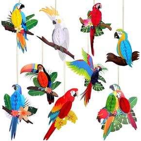 9 Pieces Tropical Birds Honeycomb Paper Cutouts Rio Luau Party Hanging Decorations Rainforest Hanging Paper Birds Hawaiian Summer Parrot Honeycomb Cutouts for Luau Summer Party Decor