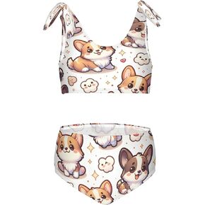 Girls Swimsuits Set 2pcs Smile Dog Bathing Bikini Suits Tie Tankini