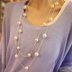 Women Ladies Multilayers Simulation-Pearls Long Chain Sweater Necklace Gift L