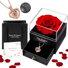 Preserved Real Rose Gift Box with I Love You Gold Plated Necklace Heart Gift for Birthday, Valentine's Day, Anniversary, Mother's Day, Christmas (Blue)