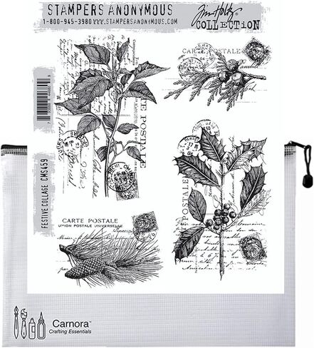 Tim Holtz Stampers Anonymous Cling Stamps, Festive Collage, (CMS459), October 2022 Winter Holiday Christmas Release, Carnora Storage Mesh Bag, Bundle of 2 Items in Saudi Arabia