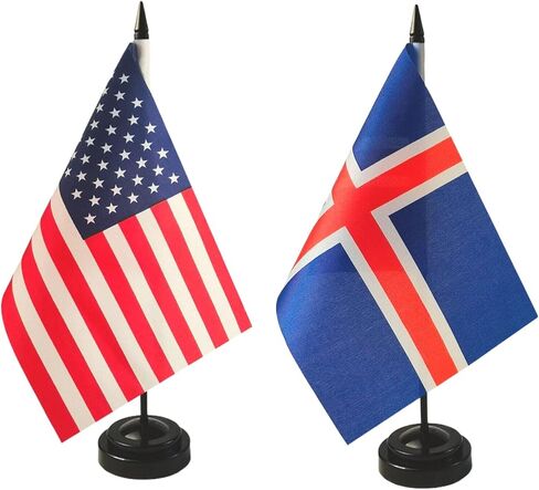 1 American and 1 Icelander 8"x5" Miniature Desk & Table Flag, Includes 2 Flag Stands & 2 Small Mini Stick Flags, USA American & Iceland Flag,Iceland Flags ,Iceland Room Flag, Friendship Flags of the World in Saudi Arabia