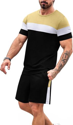 Babioboa Men's Short Sleeve Colorblock T Shirt & Shorts Sweatsuit Set Summer 2 Piece Outfits Casual Athletic Sports Tracksuit in Saudi Arabia