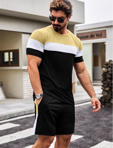 Babioboa Men's Short Sleeve Colorblock T Shirt & Shorts Sweatsuit Set Summer 2 Piece Outfits Casual Athletic Sports Tracksuit in Saudi Arabia