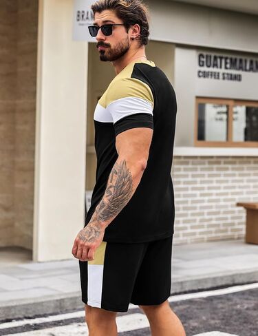Babioboa Men's Short Sleeve Colorblock T Shirt & Shorts Sweatsuit Set Summer 2 Piece Outfits Casual Athletic Sports Tracksuit in Saudi Arabia