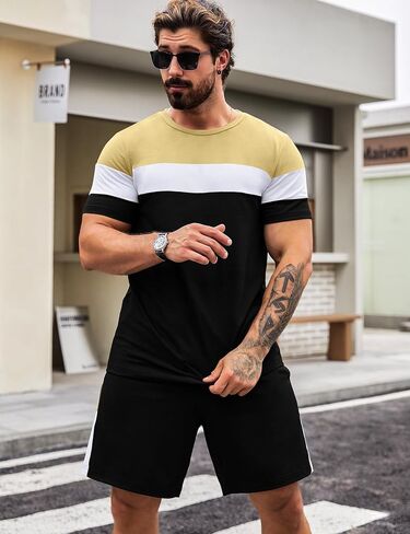 Babioboa Men's Short Sleeve Colorblock T Shirt & Shorts Sweatsuit Set Summer 2 Piece Outfits Casual Athletic Sports Tracksuit in Saudi Arabia
