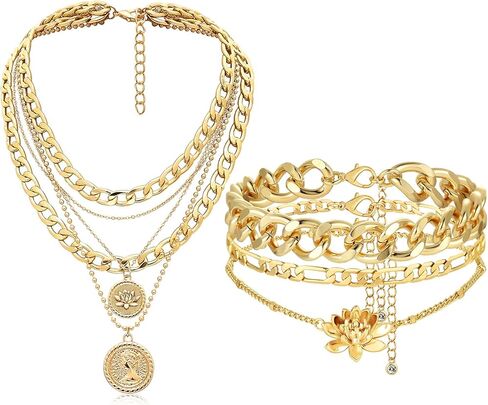 Cysincos قلادات ذهبية الطبقات للنساء، أساور خلخال ذهبية للنساء مقاومة للماء 14 قيراط مصنوعة يدويًا بطبقات رائعة من زهرة الميلاد هدية in Kuwait