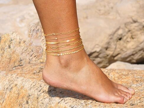 خلخال ذهبي للنساء، أساور الكاحل من الذهب عيار 14 قيراط للنساء، خلخال رابط كوبي مقاوم للماء، مجموعة أساور خلخال مطرزة بالذهب، مجوهرات صيفية عصرية للنساء والفتيات، هدية عصرية in Kuwait