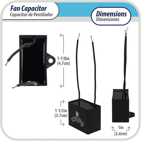 Appli Parts Fan Capacitor 10 mfd (microfarads) uf 250 VAC with 2 Wire Terminal Connections Compatible with Any Brand with Same capacitance 1-7/8in Width 1in Depth 1-1/2in Height CAP-10-250-2C in Saudi Arabia