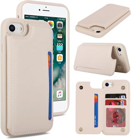 iCoverCase لهاتف iPhone SE(2022)/SE(2020) iPhone 7/8 حافظة هاتف مع حامل بطاقة للنساء والرجال، [RFID Blocking] حافظة محفظة واقية من جلد البولي يوريثان (بيج) in Kuwait