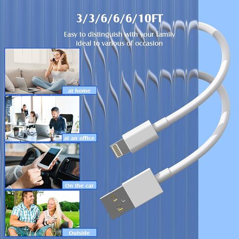 شاحن iPhone [معتمد من Apple MFi] 6 حزم (3/3/6/6/6/10FT) كابل لايتنينج طويل للشحن السريع سلك شاحن iPhone متوافق مع iPhone 14/13/12/11 Pro Max/XS MAX/XR/XS/X/ 8/7/6 بلس آيباد إيربودز (أبيض) in Kuwait