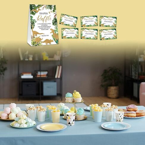 UTESG Diaper Raffle Baby Shower Game Kit, Gold Dinosaur Diaper Raffle Tickets, Greenery Dino Gender Reveal Baby Shower Party Decorations, 1 Standing Sign + 50 Guessing Cards (B07) in Kuwait