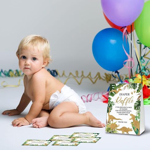 UTESG Diaper Raffle Baby Shower Game Kit, Gold Dinosaur Diaper Raffle Tickets, Greenery Dino Gender Reveal Baby Shower Party Decorations, 1 Standing Sign + 50 Guessing Cards (B07) in Kuwait