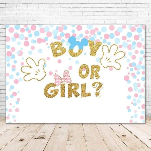 ميكي ماوس أو ميني ماوس خلفية دش الطفل للكشف عن الجنس لوازم الحفلات 7x5 بريق الوردي أو الأزرق خلفية استحمام الطفل لصبي وفتاة الفينيل ميني ربطة القوس فيونكة بيضاء ميكي الأيدي الخلفيات in Kuwait