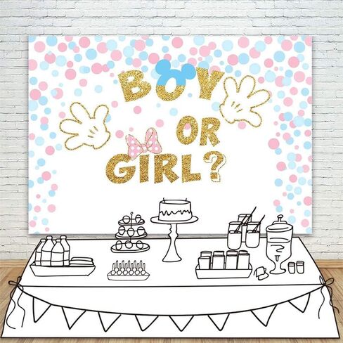 ميكي ماوس أو ميني ماوس خلفية دش الطفل للكشف عن الجنس لوازم الحفلات 7x5 بريق الوردي أو الأزرق خلفية استحمام الطفل لصبي وفتاة الفينيل ميني ربطة القوس فيونكة بيضاء ميكي الأيدي الخلفيات in Kuwait