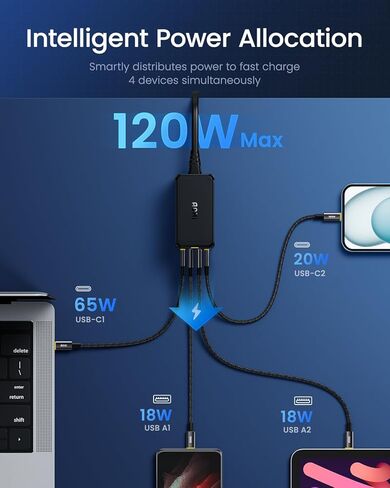USB C Charger, AOHI 4 Port 120W Desktop USB Charger Station GaN+ Laptop Fast Charger Compact USB-C Charging Station for MacBook Pro/Air, XPS,iPad Pro, iPhone15/14/13/12/Pro Max,Galaxy in Saudi Arabia