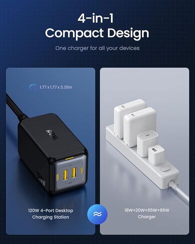 USB C Charger, AOHI 4 Port 120W Desktop USB Charger Station GaN+ Laptop Fast Charger Compact USB-C Charging Station for MacBook Pro/Air, XPS,iPad Pro, iPhone15/14/13/12/Pro Max,Galaxy in Saudi Arabia