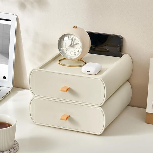 Desktop Storage Box, Stackable Makeup Drawer Organizer, Desk Organization for Makeups, Countertop, Bathroom, Dorm, Office, (2 Pack, Ivory) in Kuwait
