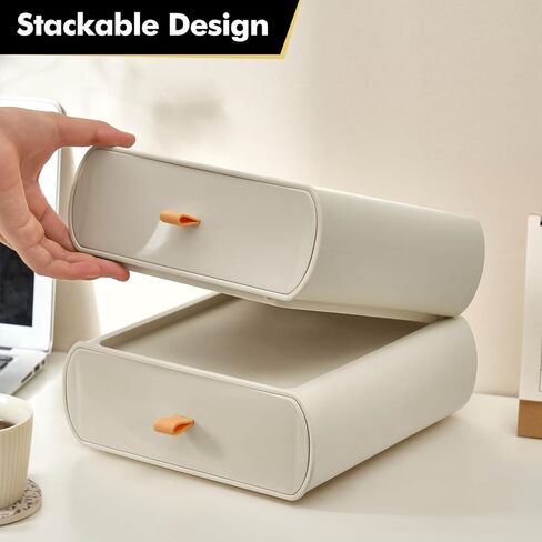 Desktop Storage Box, Stackable Makeup Drawer Organizer, Desk Organization for Makeups, Countertop, Bathroom, Dorm, Office, (2 Pack, Ivory) in Kuwait