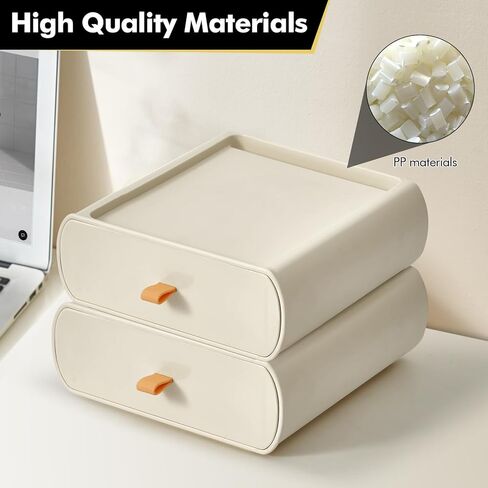Desktop Storage Box, Stackable Makeup Drawer Organizer, Desk Organization for Makeups, Countertop, Bathroom, Dorm, Office, (2 Pack, Ivory) in Kuwait