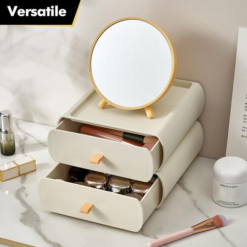 Desktop Storage Box, Stackable Makeup Drawer Organizer, Desk Organization for Makeups, Countertop, Bathroom, Dorm, Office, (2 Pack, Ivory) in Kuwait