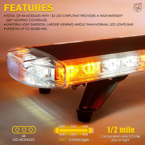 Xprite 48 Inch LED Amber Rooftop Emergency Warning Lights Bar 16 Strobe Patterns w/Adjustable Mounting Brackets for Vehicles, Security, Law Enforcement, Snowplow, Tow Trucks, Crane, Construction Cars in Saudi Arabia