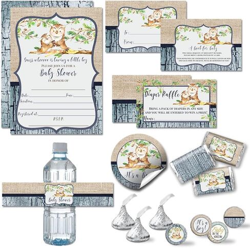مجموعة حفلات استحمام الطفل Amanda Creation "Guess Whooo" Cute Owl Boy تتضمن 20 دعوة مع أظرف + 4 أحجام مختلفة من الملصقات المزخرفة، وتذاكر الحفاضات، وإحضار بطاقات الكتب in Saudi Arabia
