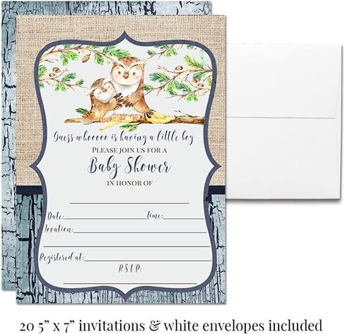 مجموعة حفلات استحمام الطفل Amanda Creation "Guess Whooo" Cute Owl Boy تتضمن 20 دعوة مع أظرف + 4 أحجام مختلفة من الملصقات المزخرفة، وتذاكر الحفاضات، وإحضار بطاقات الكتب in Saudi Arabia