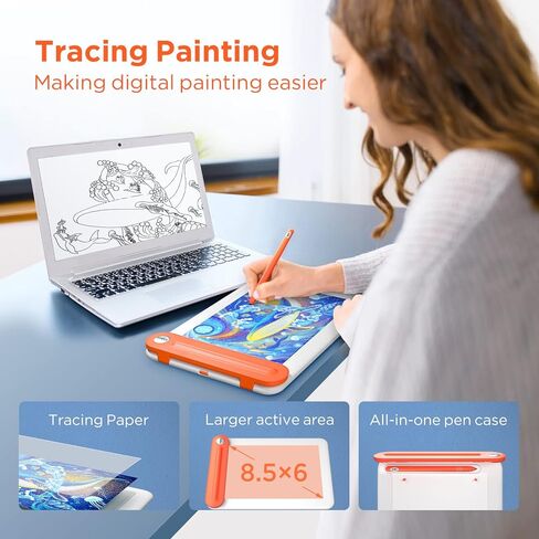Drawing Tablet with Bluetooth 5.0, UGEE Q8W Tracing Drawing Pad with 8inch Large Active Area,Digital Drawing Tablets with 8192 Levels Battery-Free Stylus Support Windows/Mac/Chromebook in Saudi Arabia