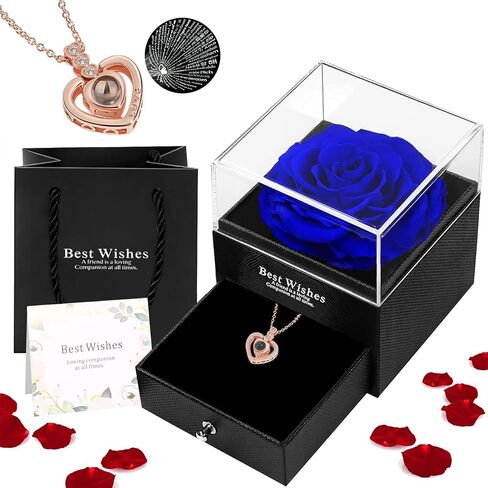Preserved Real Rose Gift Box with I Love You Gold Plated Necklace Heart Gift for Birthday, Valentine's Day, Anniversary, Mother's Day, Christmas (Blue) in Saudi Arabia
