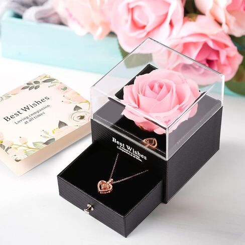 Preserved Real Rose Gift Box with I Love You Gold Plated Necklace Heart Gift for Birthday, Valentine's Day, Anniversary, Mother's Day, Christmas (Blue) in Saudi Arabia