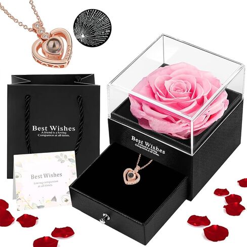 Preserved Real Rose Gift Box with I Love You Gold Plated Necklace Heart Gift for Birthday, Valentine's Day, Anniversary, Mother's Day, Christmas (Blue) in Saudi Arabia