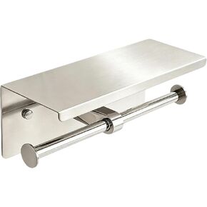 Double Toilet Paper Holder with Shelf, 304 Stainless Steel Wall Mount Bathroom Tissue Roll Holder with Shelf, Brushed Silver Commercial Tissue Dispenser in Kuwait