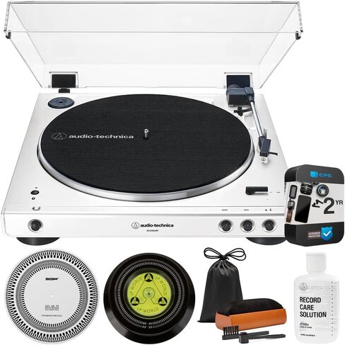 حزمة القرص الدوار الأوتوماتيكي Audio-Technica AT-LP60XBT-WW بتقنية البلوتوث مع حزمة حماية معززة لمدة عامين CPS، وحل العناية بالتسجيل، ومجموعة التنظيف، ومنظار ستروبوسكوب ومثبت التسجيل in Kuwait