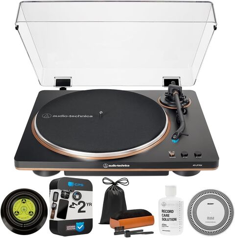 Audio-Technica AT-LP70X-BZ Fully Automatic Belt-Drive Turntable, Black/Bronze Bundle with 2 Year Extended Protection Pack + Vinyl Care Bundle: Cleaning Kit, Stroboscope, Stabilizer + Care Solution in Kuwait