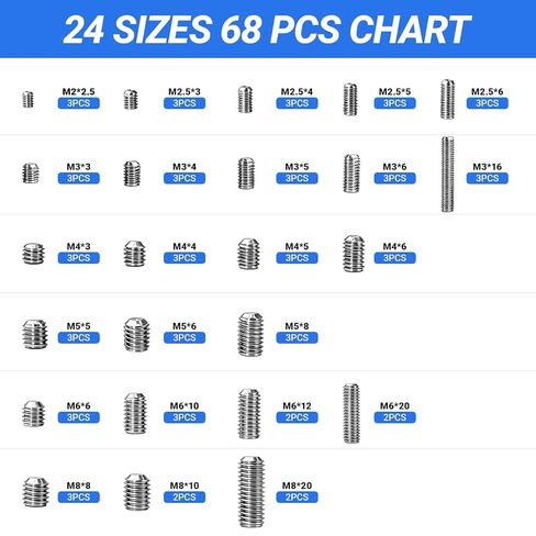 68 Pcs Set Screws Assortment, 24 Sizes Metric M2-M8, 304 Stainless Steel Hex Socket Cup Point Grub Screws with Hex Wrenches for Door Knobs, Faucets, Bathroom Fixtures, Locks, DIY Repair in Kuwait