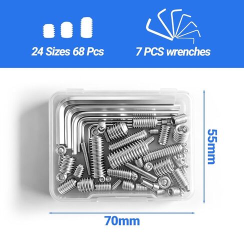68 Pcs Set Screws Assortment, 24 Sizes Metric M2-M8, 304 Stainless Steel Hex Socket Cup Point Grub Screws with Hex Wrenches for Door Knobs, Faucets, Bathroom Fixtures, Locks, DIY Repair in Kuwait