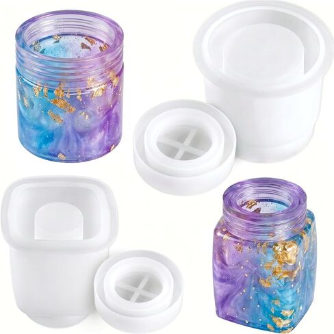 NiArt Epoxy Resin Casting Soft Silicone Mold Wide Mouth Screw-On Cap Bottles (Cuboid+Straight-Sided Cylinder), DIY Art Craft Multipurpose Home Lid Storage Container Jewelry Jar Holiday Decoration in Kuwait