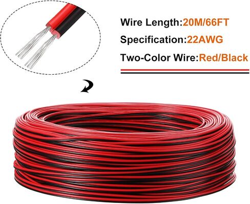 HESTYA 2 لفات سلك أضواء LED للقوارب البحرية، 20 متر 22AWG سلك تمديد كابل أحمر أسود للملاحة LED، مرساة، صارم، أضواء مجاملة على القوارب، الطوافات، قوارب الكاياك in Kuwait